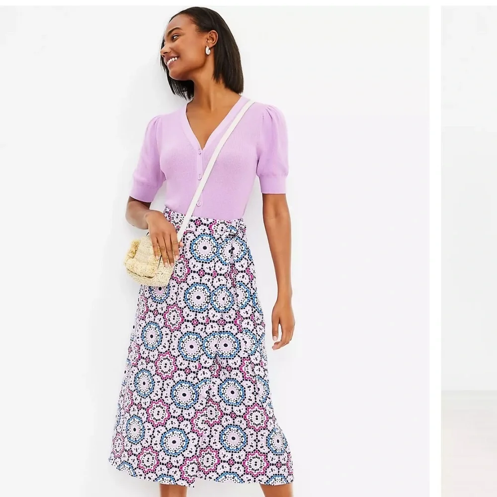 LOFT Mosaic Midi Wrap Linen Blend Summer Skirt Women’s SZ‎ 8 in Sweet Violet